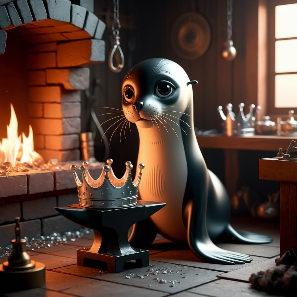 Seal Blacksmith Crafting a Crown in Cozy Forge