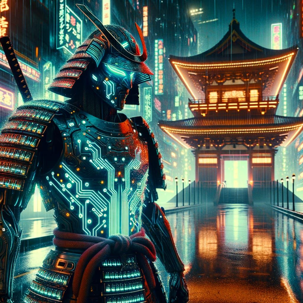 Futuristic Samurai Guarding Neon Temple in Cyberpunk Style