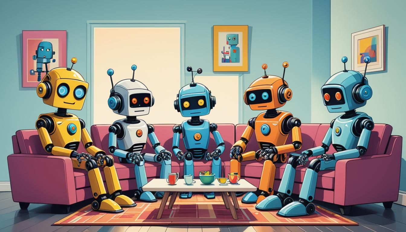Adorable Robots Chatting in Living Room Cartoon
