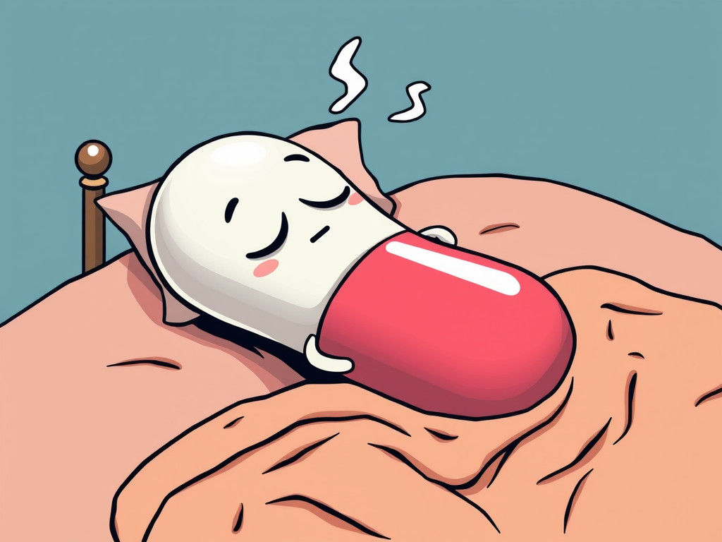 Anthropomorphic Pill Asleep in Bed: Pop Art Whimsy
