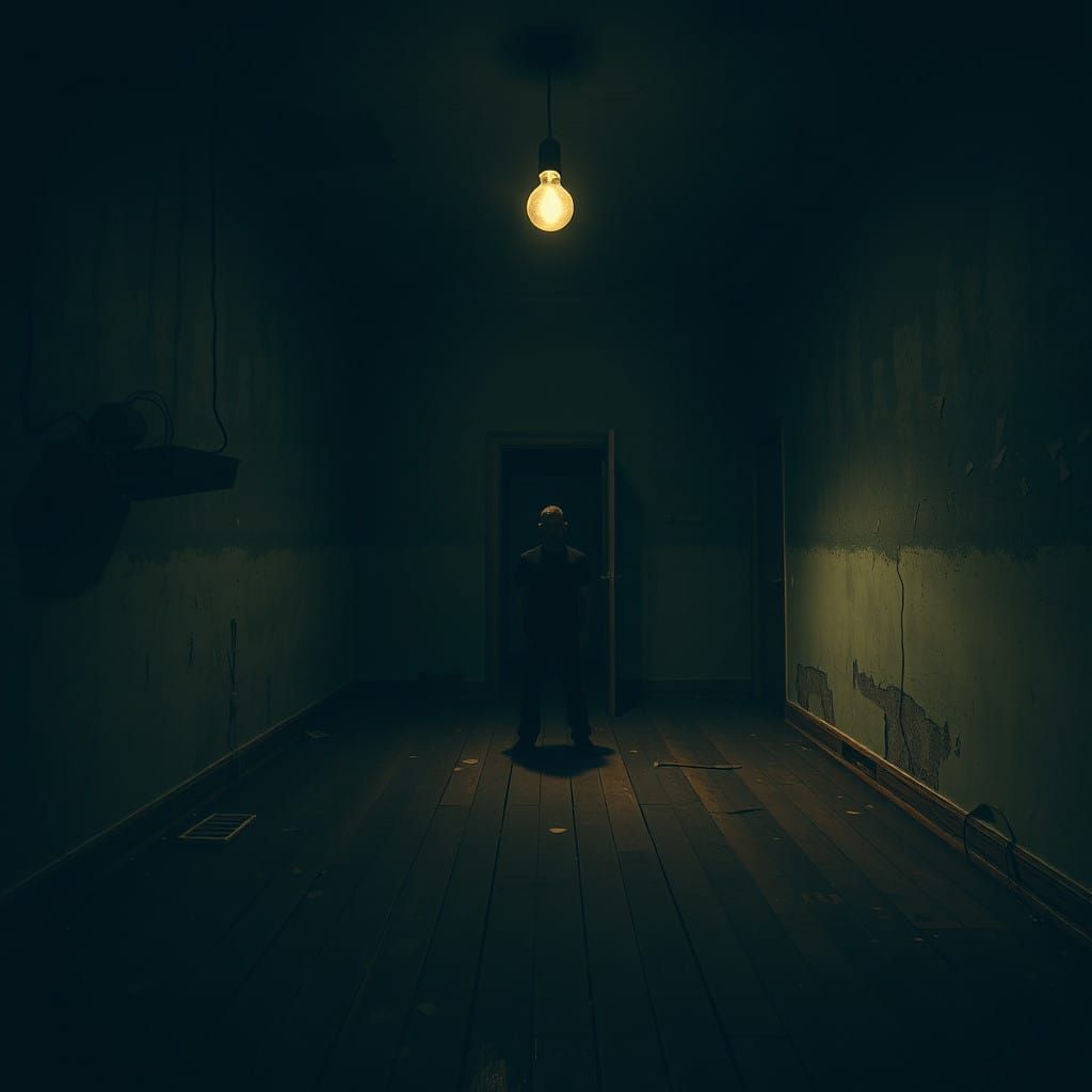Lone Figure in a Flickering, Abandoned Room