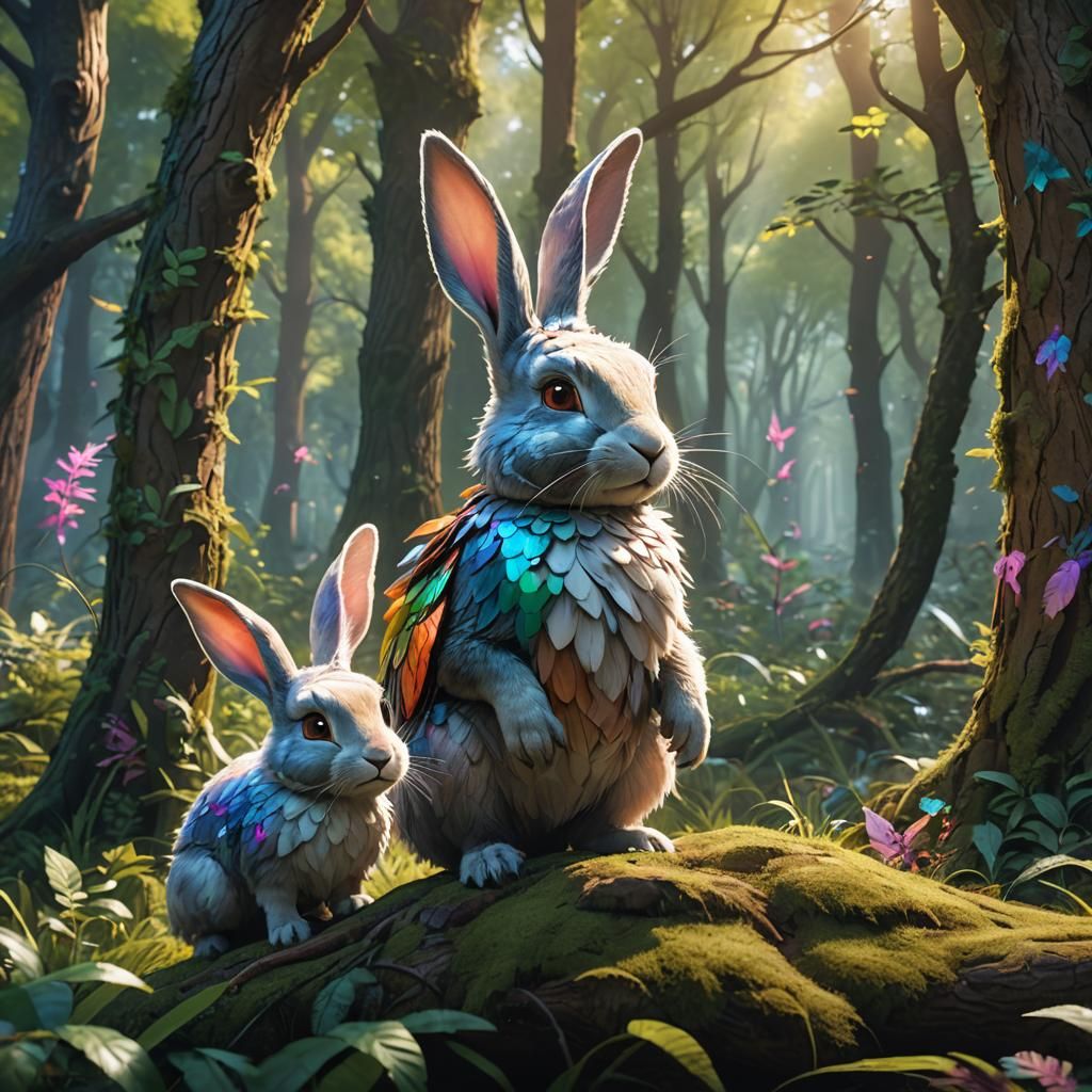 Enchanted Forest Scene with Rabbits, Fantasy Concept Art