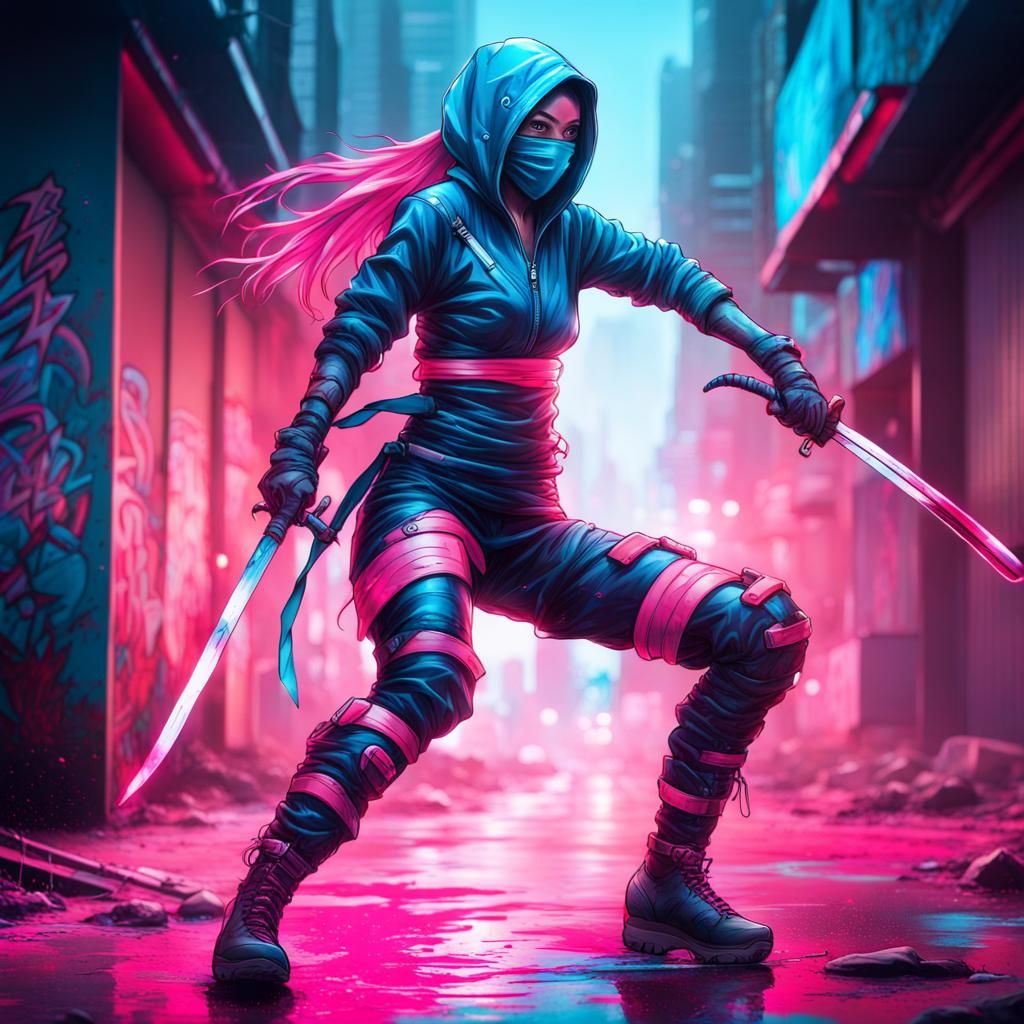Cybernetic Ninja Slices Through Enemies in Graffiti Art