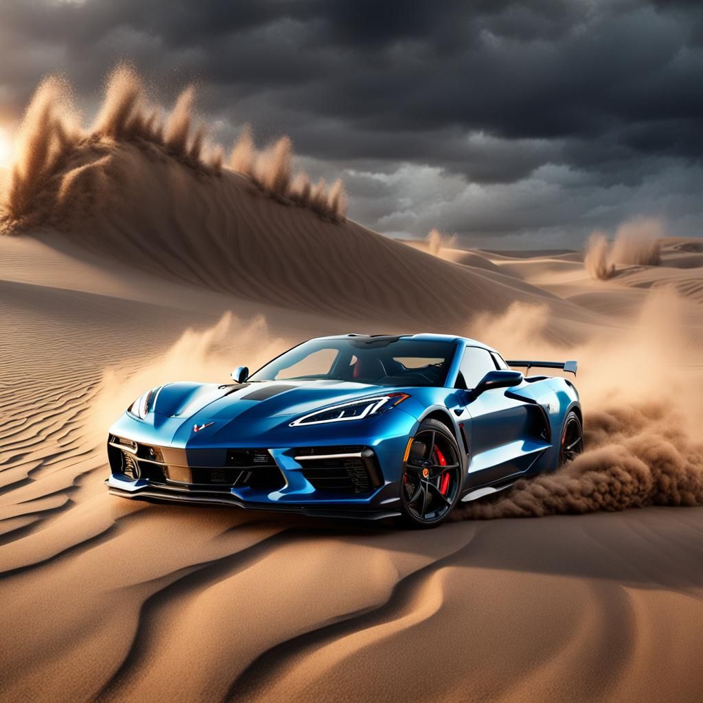 Corvette Drifting on Sand: Detailed Matte Painting