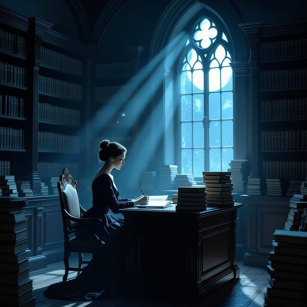 Woman in Moonlit Study, Surrealist Style