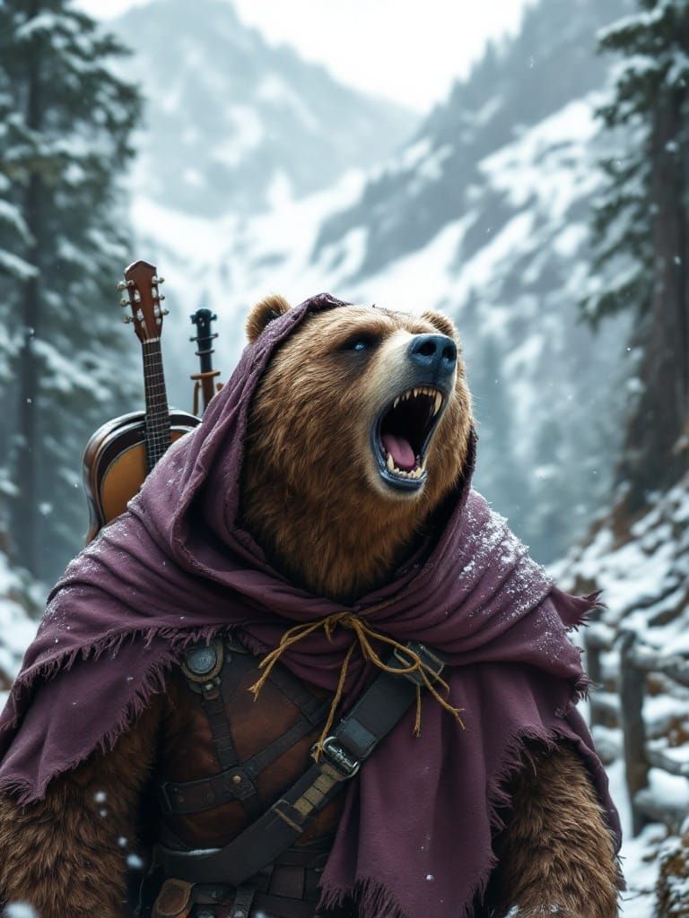 A Grizzly Bear in Medieval Armor Embarks on a Snowy Quest