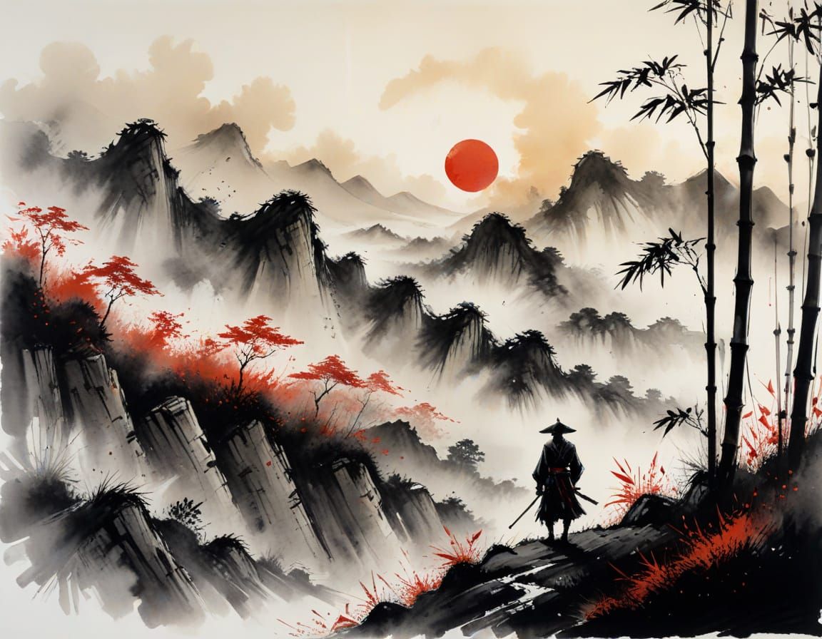 Samurai on Bamboo Ridge in Sumi-e Style