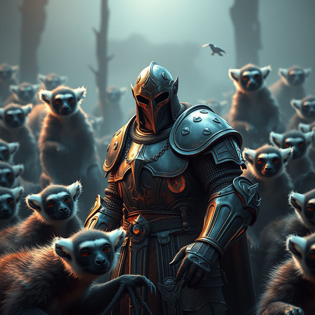 Lemurs Overwhelm Knight in Detailed Matte Painting