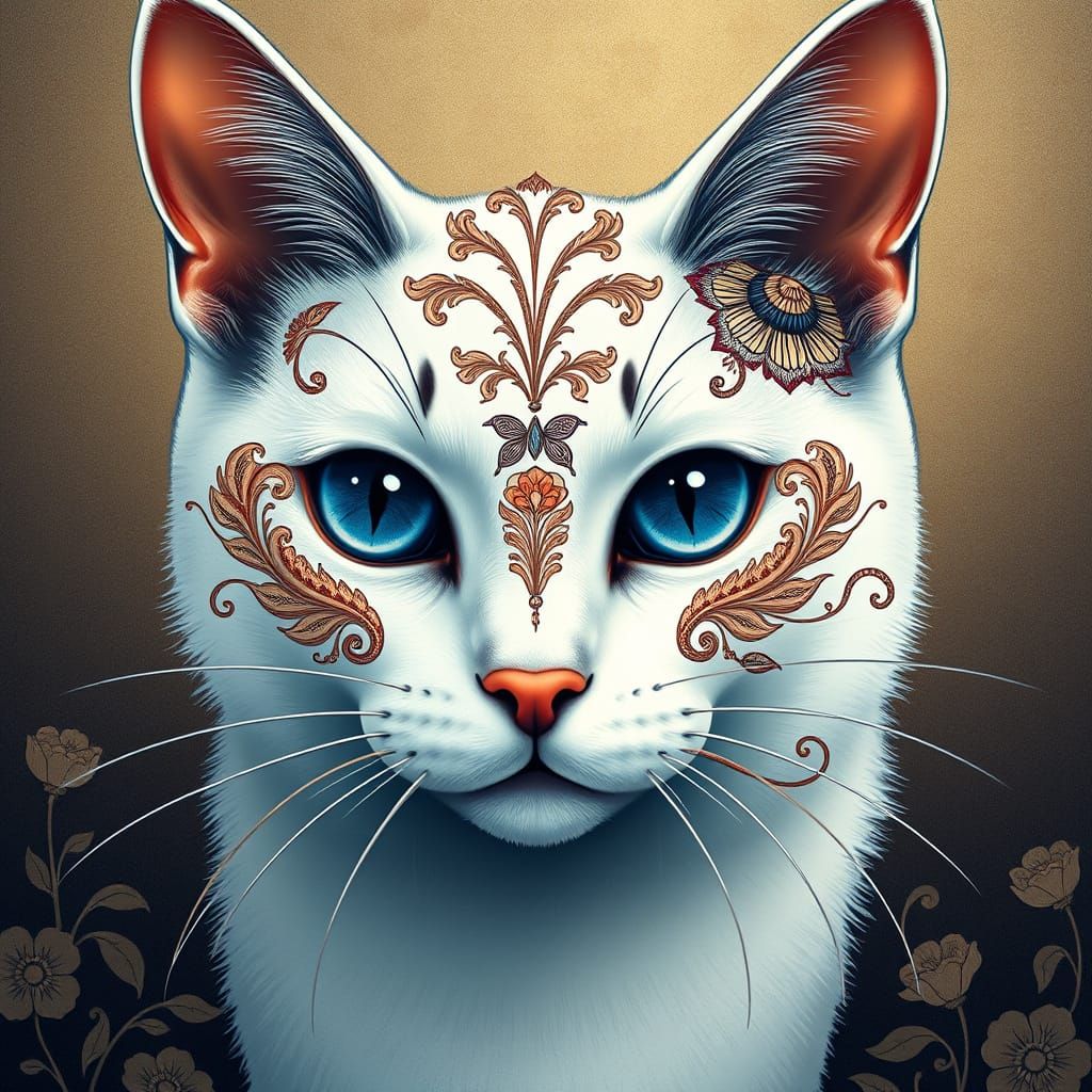 Floral Paisley Cat Portrait in Art Nouveau Style