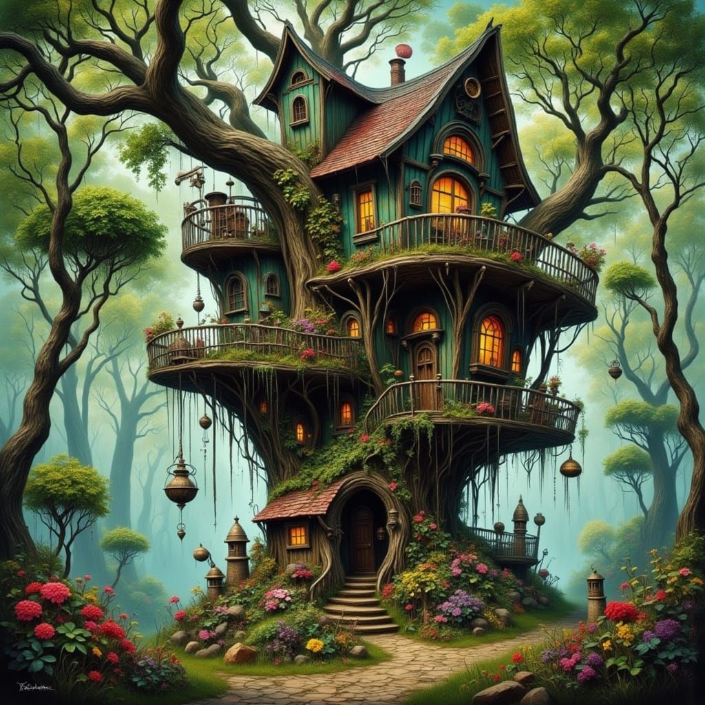 Whimsical Treehouse in Vibrant Camouflage