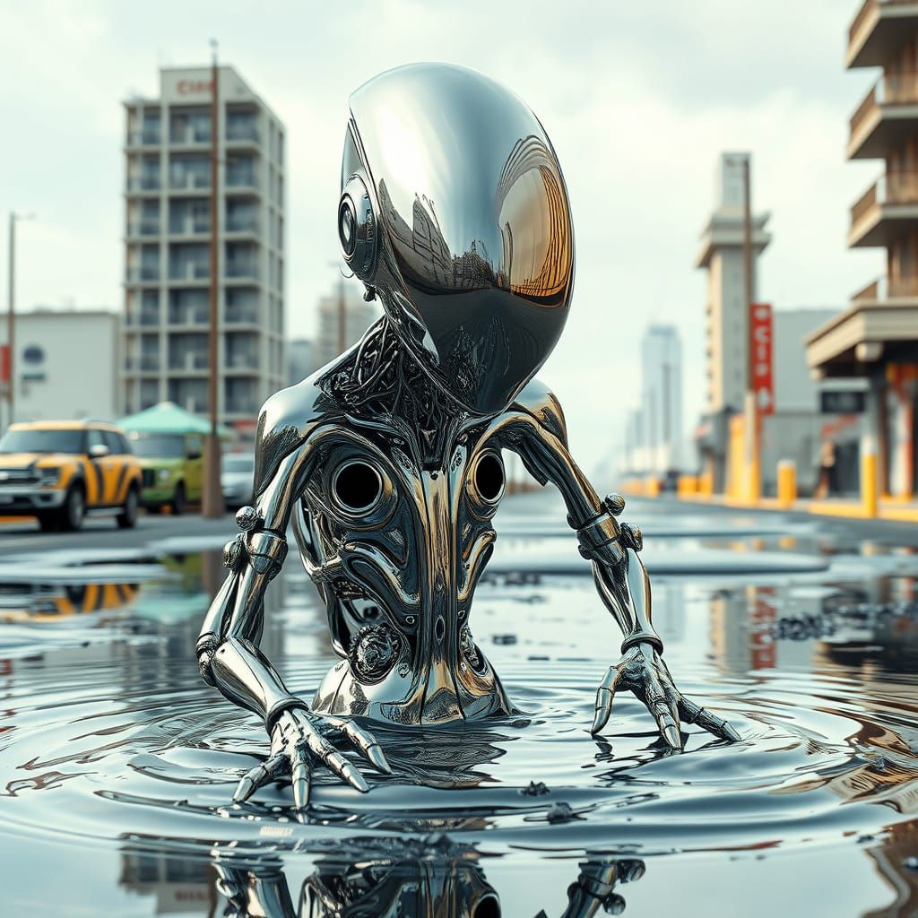 Alien Chrome Robot in Cyberpunk Cityscape