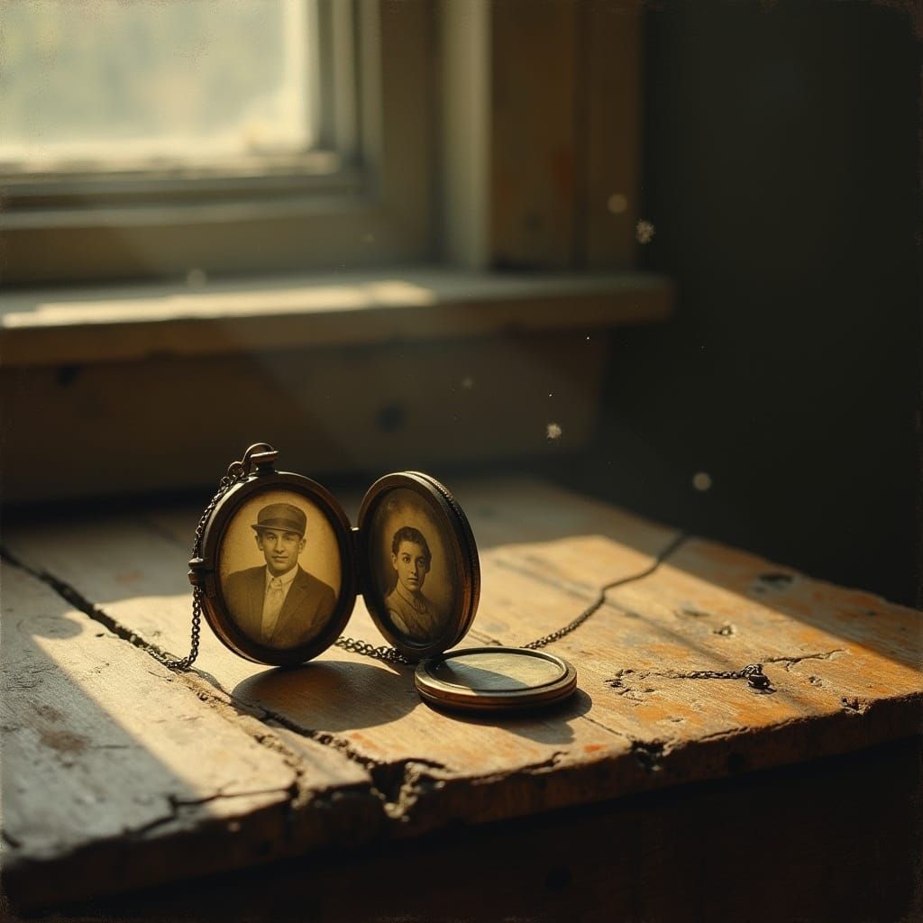Antique Locket with Faded Photo on Oak Table