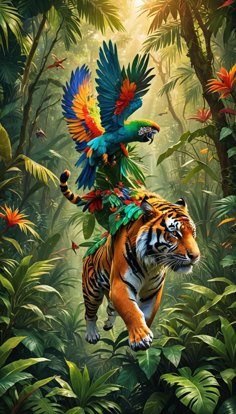 Tiger Captures Parrot in Lush Jungle: Digital Art