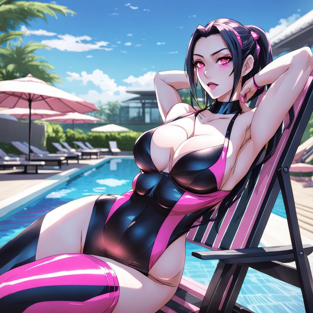 Anime-Style Goddess Relaxing at Luxury Hotel Pool