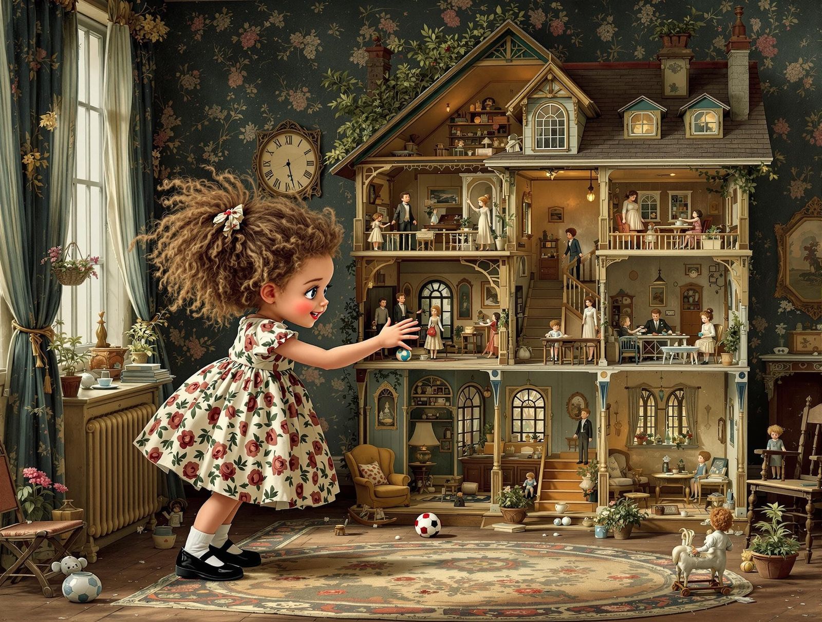 Giant Child Mesmerized by Antique Dollhouse