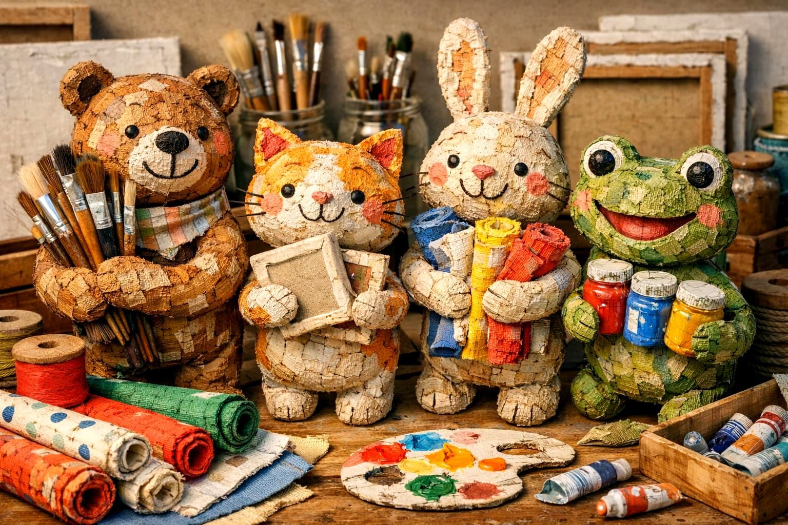 The Quest gang as paper mache