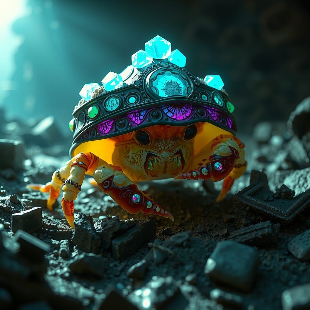 Bioluminescent Hermit Crab Exploring Sunken City