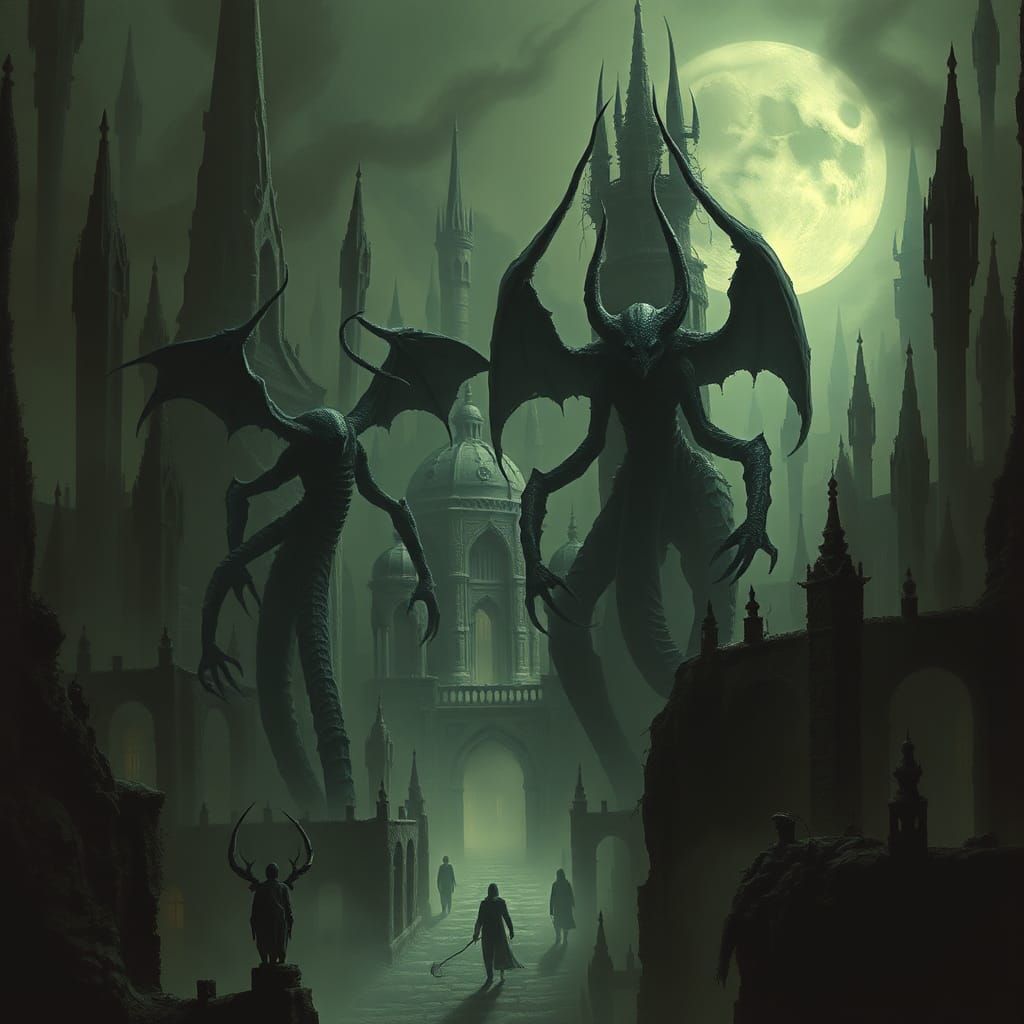 Eldritch Deities in a Lovecraftian Cityscape