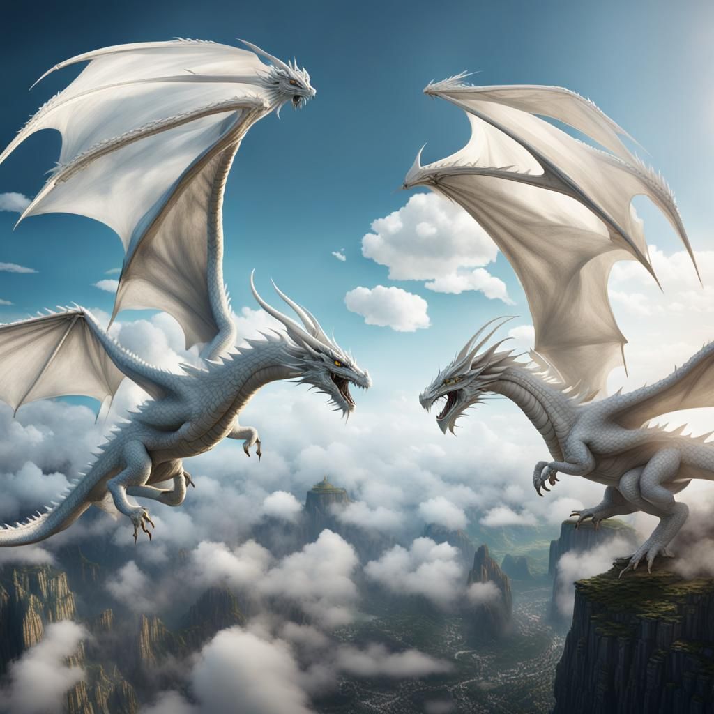 Majestic White Dragons Fly in Fantasy Sky