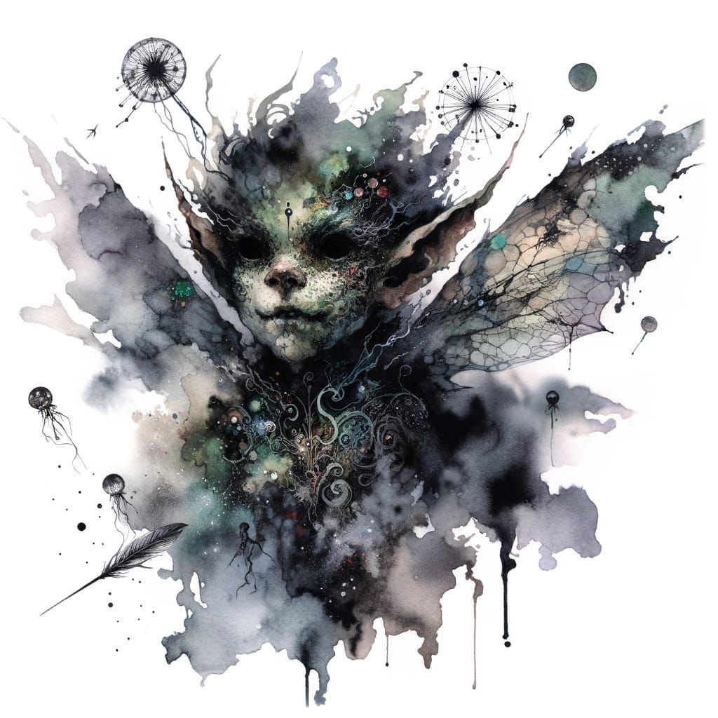 Eerie Fairy in Dark Surrealist Watercolor Illustration