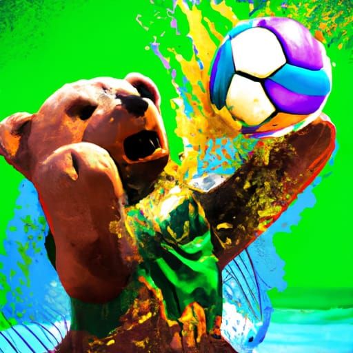 Teddy Bear Plays Beach Volleyball: Hyperrealistic Splash Art