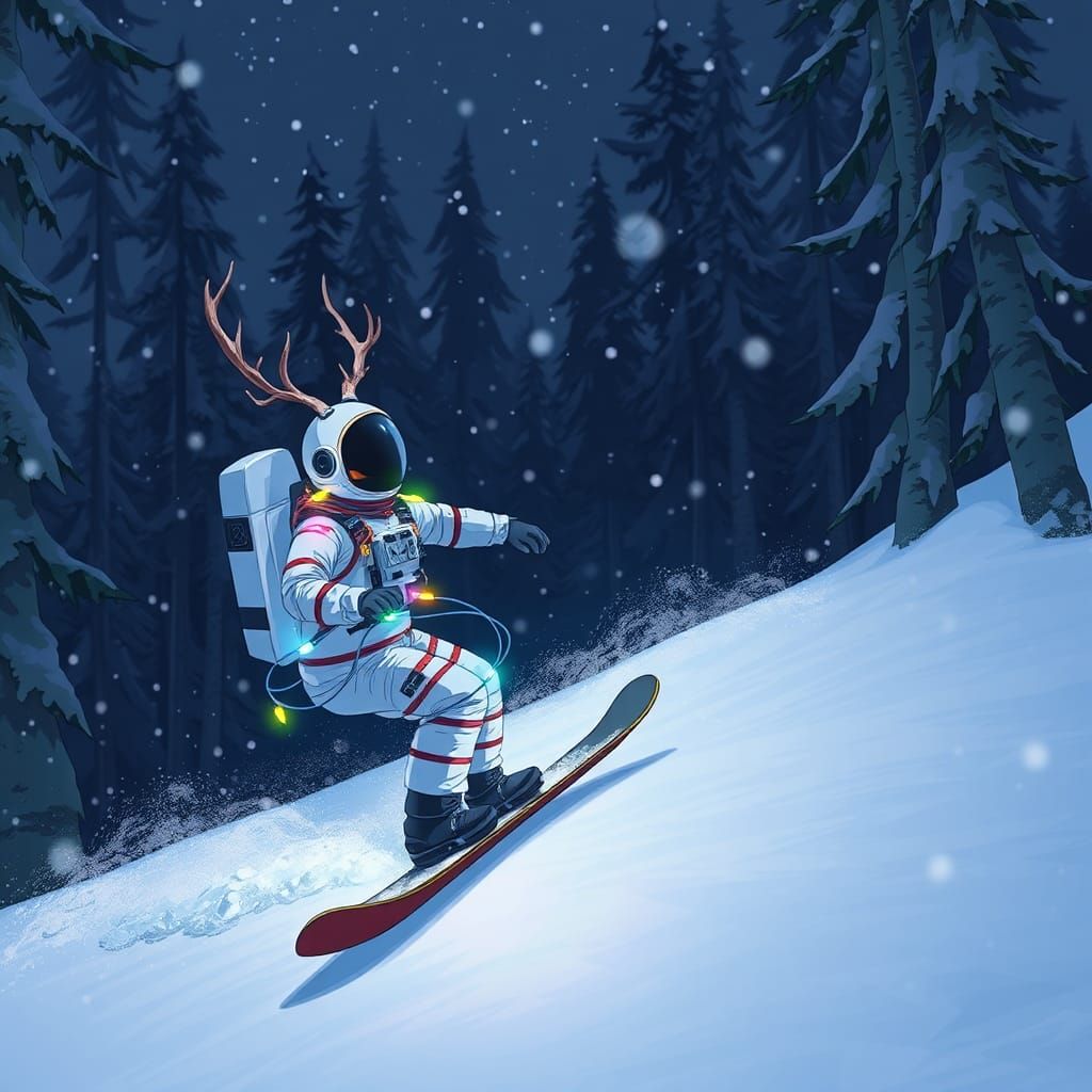 Astronaut Snowboarding with Antlers in Anime Style