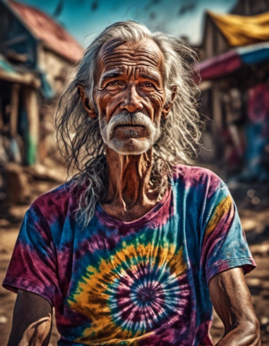 An old Hippy guy wearing a tie dye t shirt 2
