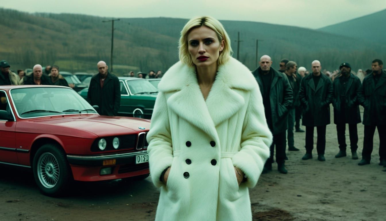 Glamorous Blonde in Luxury Fur Coat Amidst 90s Gangsters