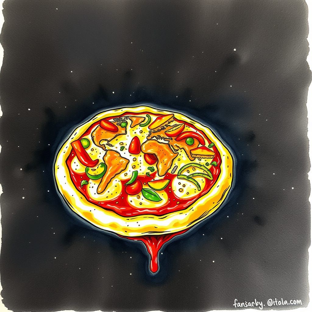 Pizza Earth Map in Zero Gravity, Pen and Ink