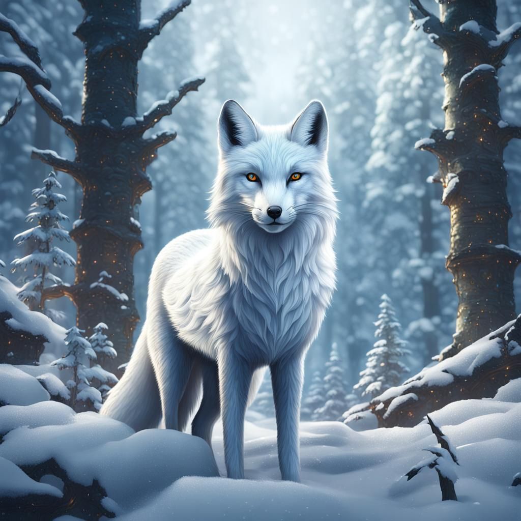 Fox-Dove Hybrid in Snowy Forest: Fantasy Concept Art