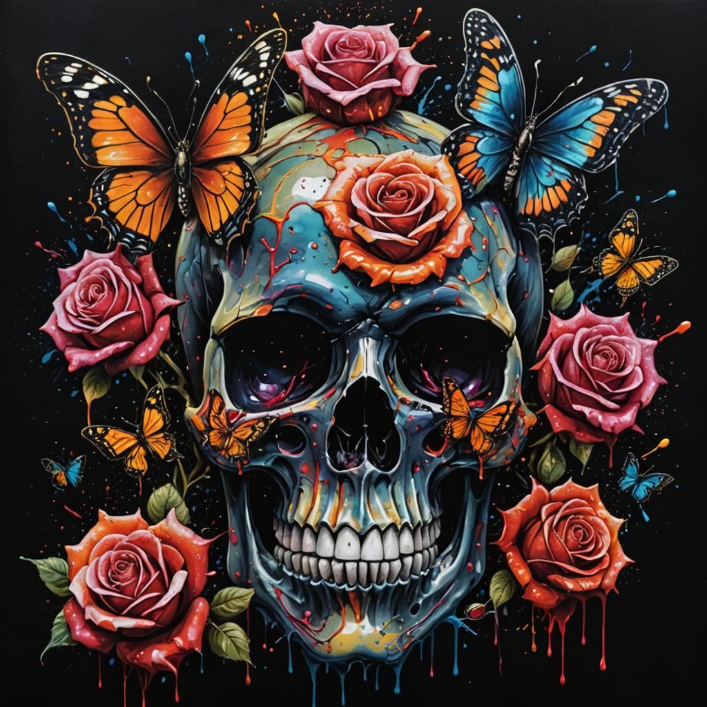 Skull, Rose and Butterfly in Cosmic Gouache Art
