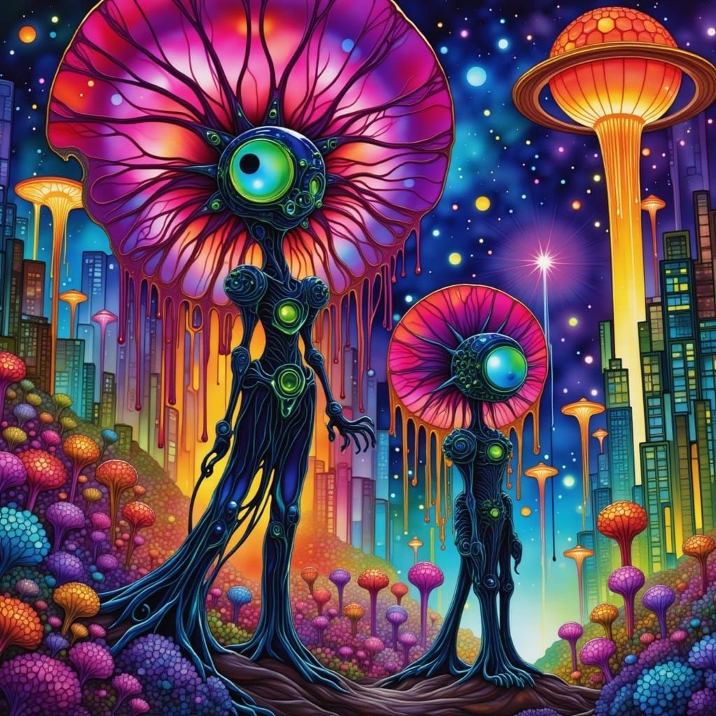 Audrey II & Lo Pan in Neon Cityscape