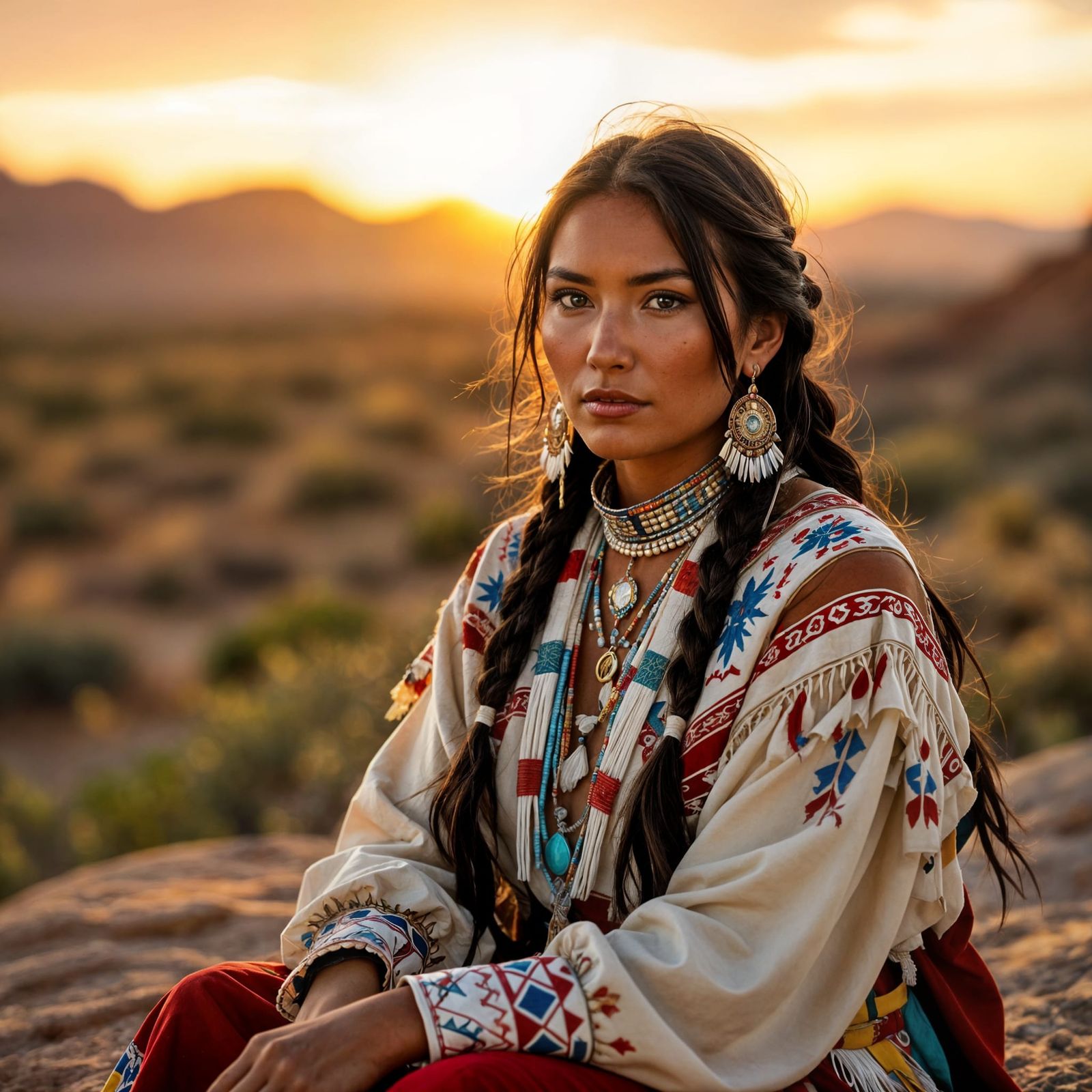 Zuni Woman in Traditional Dress at Sunset