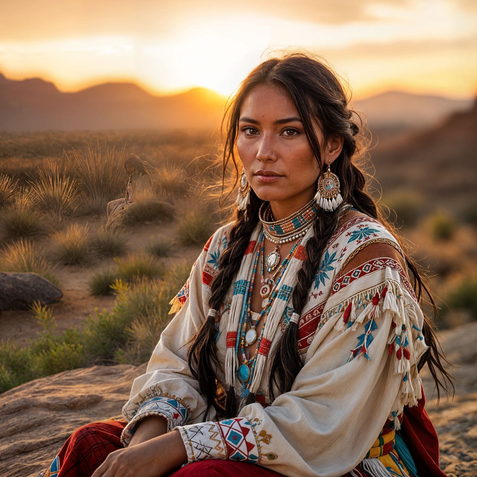Zuni Woman in Traditional Dress at Sunset