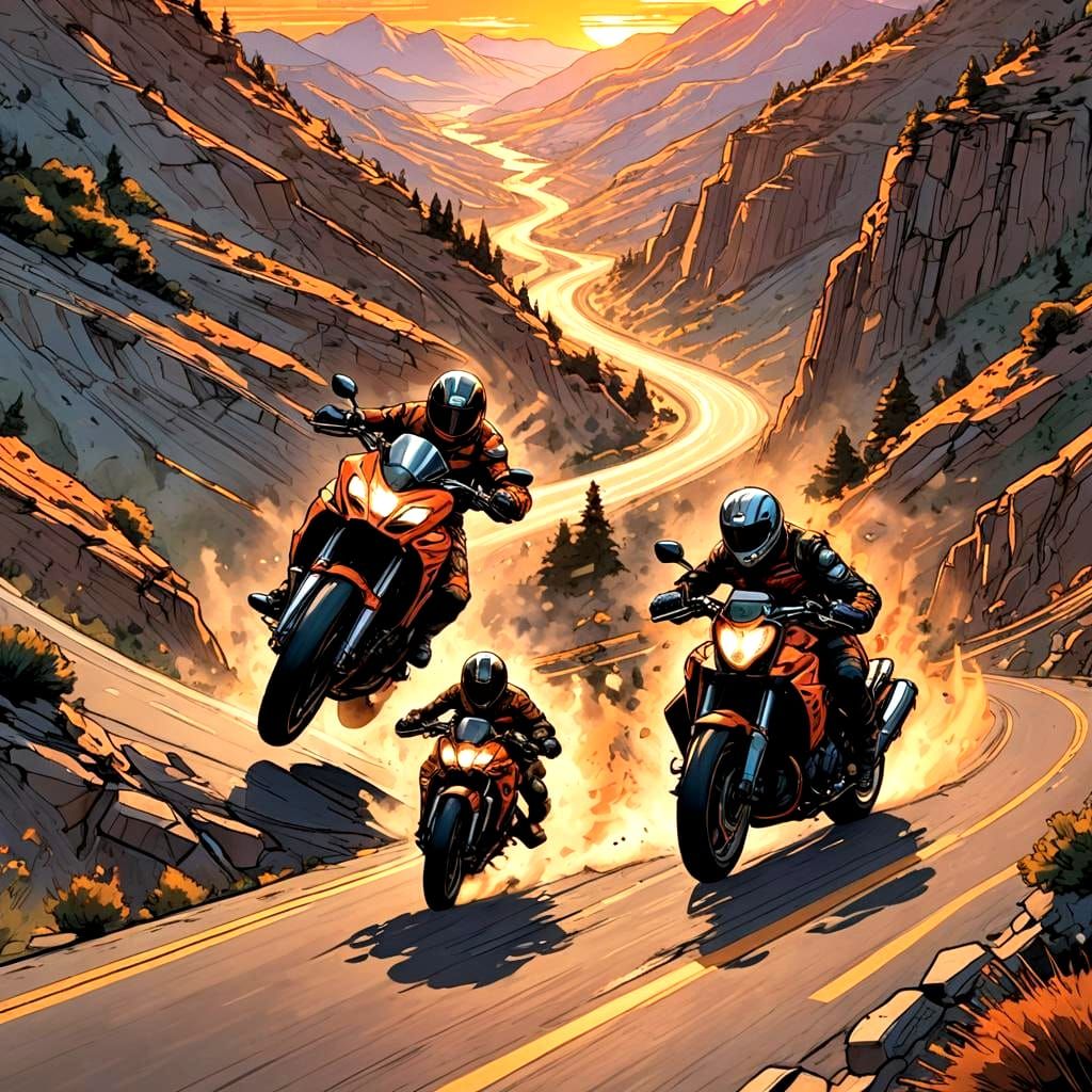 Motorcycle Race at Sunset in Comic Book Style