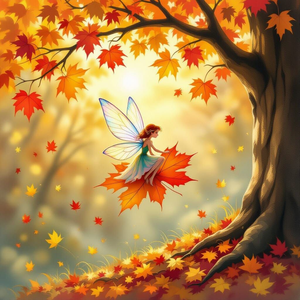 Tiny Fairy Rides Autumn Leaf in Golden Sunlight