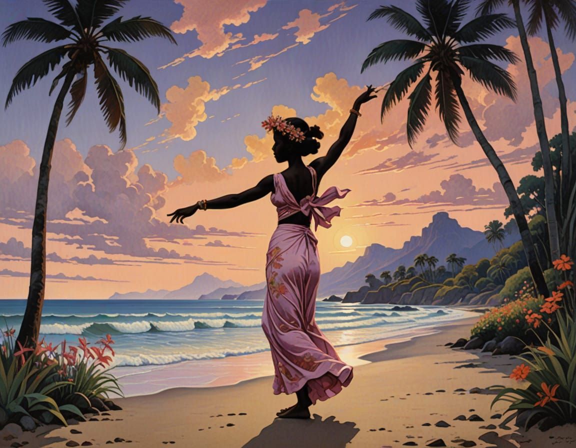 Surreal Hula Dancer in Sunset Harmony