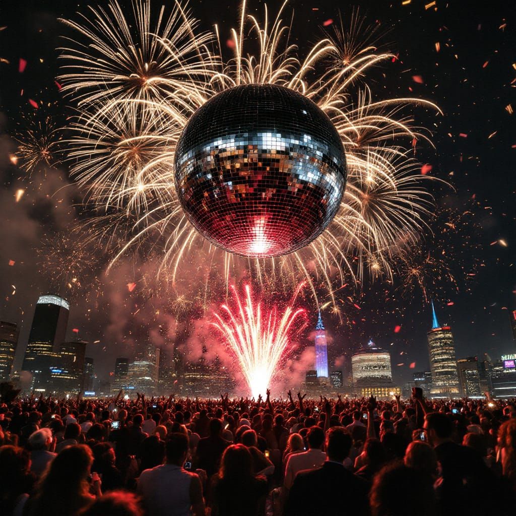 New Year's Eve Fireworks Over NYC Disco Ball Drop