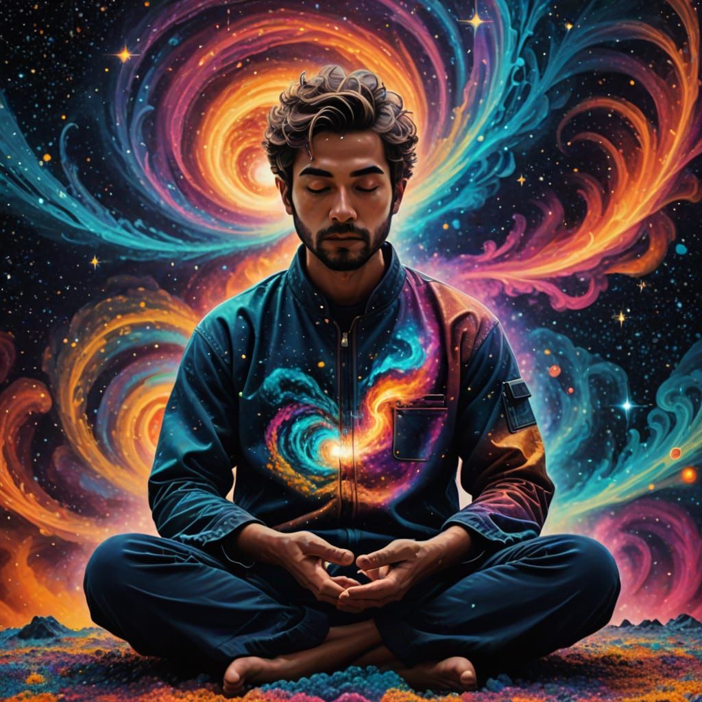 Cosmic Transformation: Meditative Figure Becomes Stardust