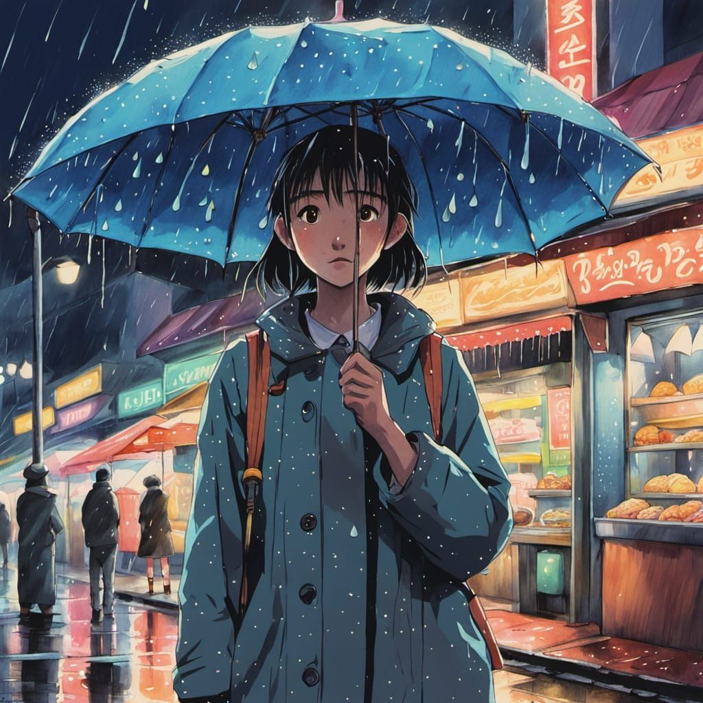 Ghibli Style Rainy Street Scene at Twilight
