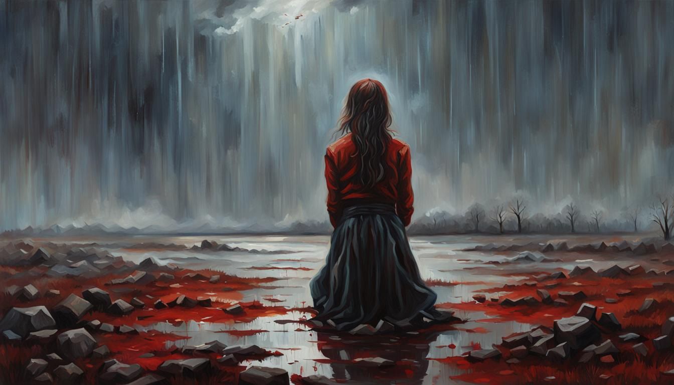 Oil Painting of a Bloodied Woman in the Rain