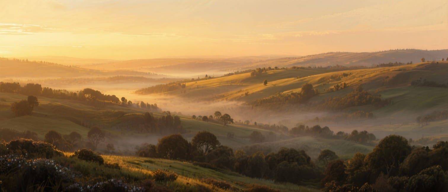 Golden Dusk Landscape with Misty Valleys