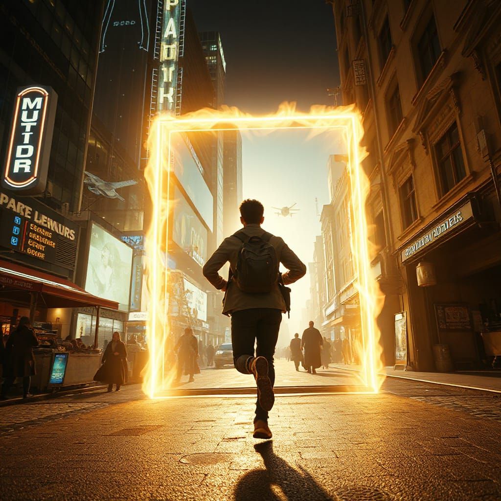 Time Traveler Between Worlds: A Cinematic Portal Scene