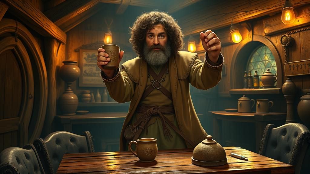 Hobbit in Tavern with Mug, Astral Cosmic Illustration
