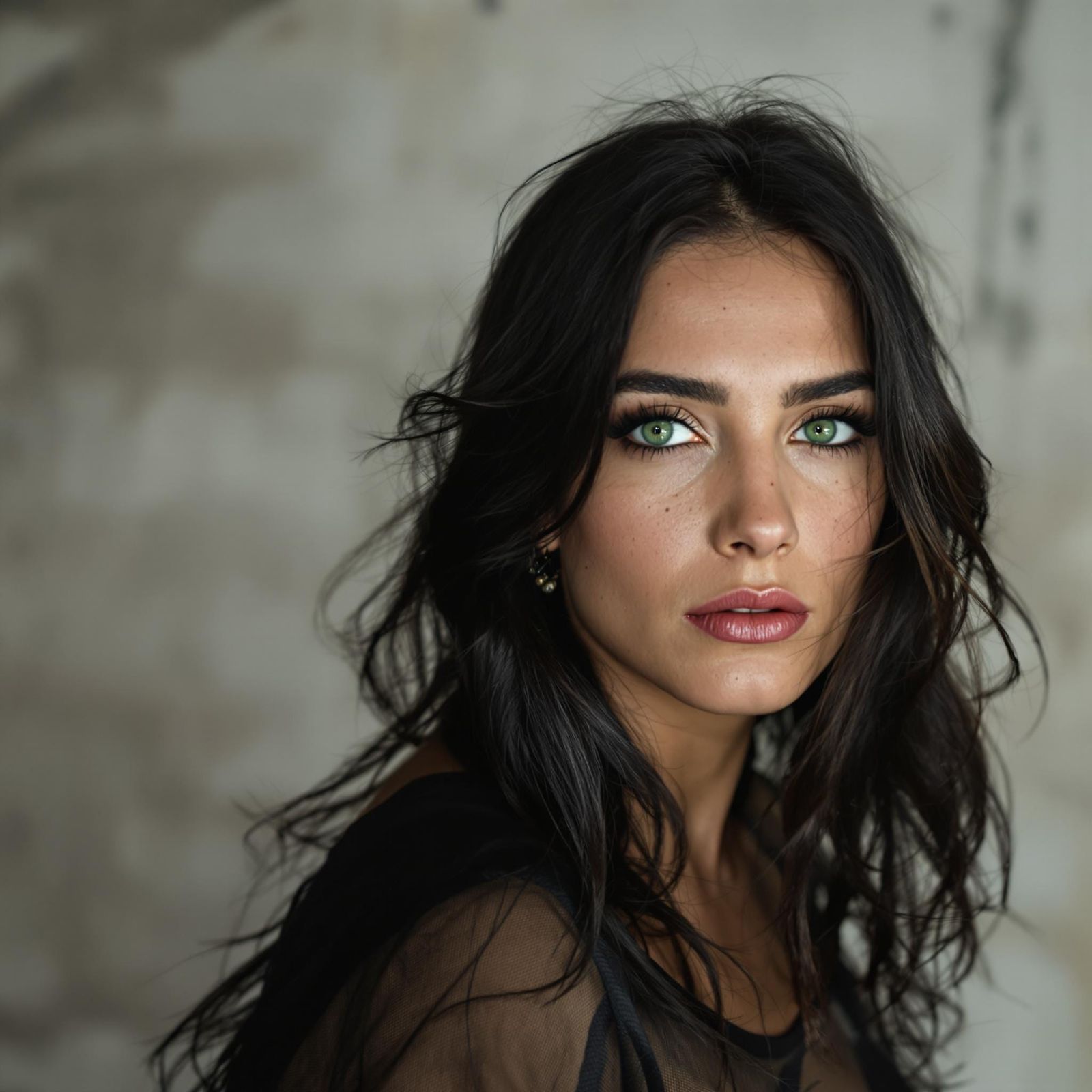 Elegant Enigma with Emerald Eyes and Raven Hair