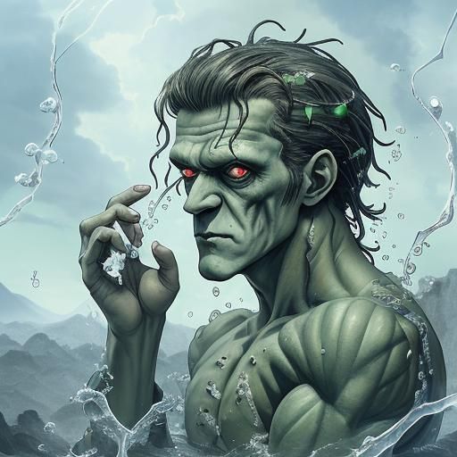 Frankenstein Monster in Anime Style with Water Droplets
