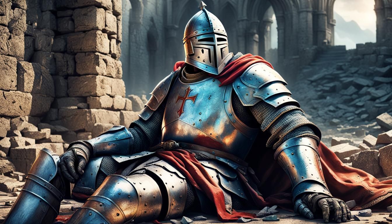 Tired Crusader Knight Rests in Castle Ruins