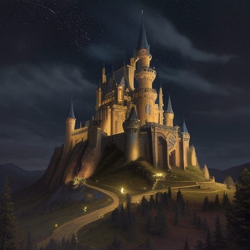 Epic Fantasy Castle Under Starry Night Sky