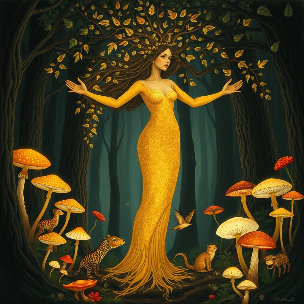 Radiant Goddess Emerges from Primeval Forest in Golden, Art ...