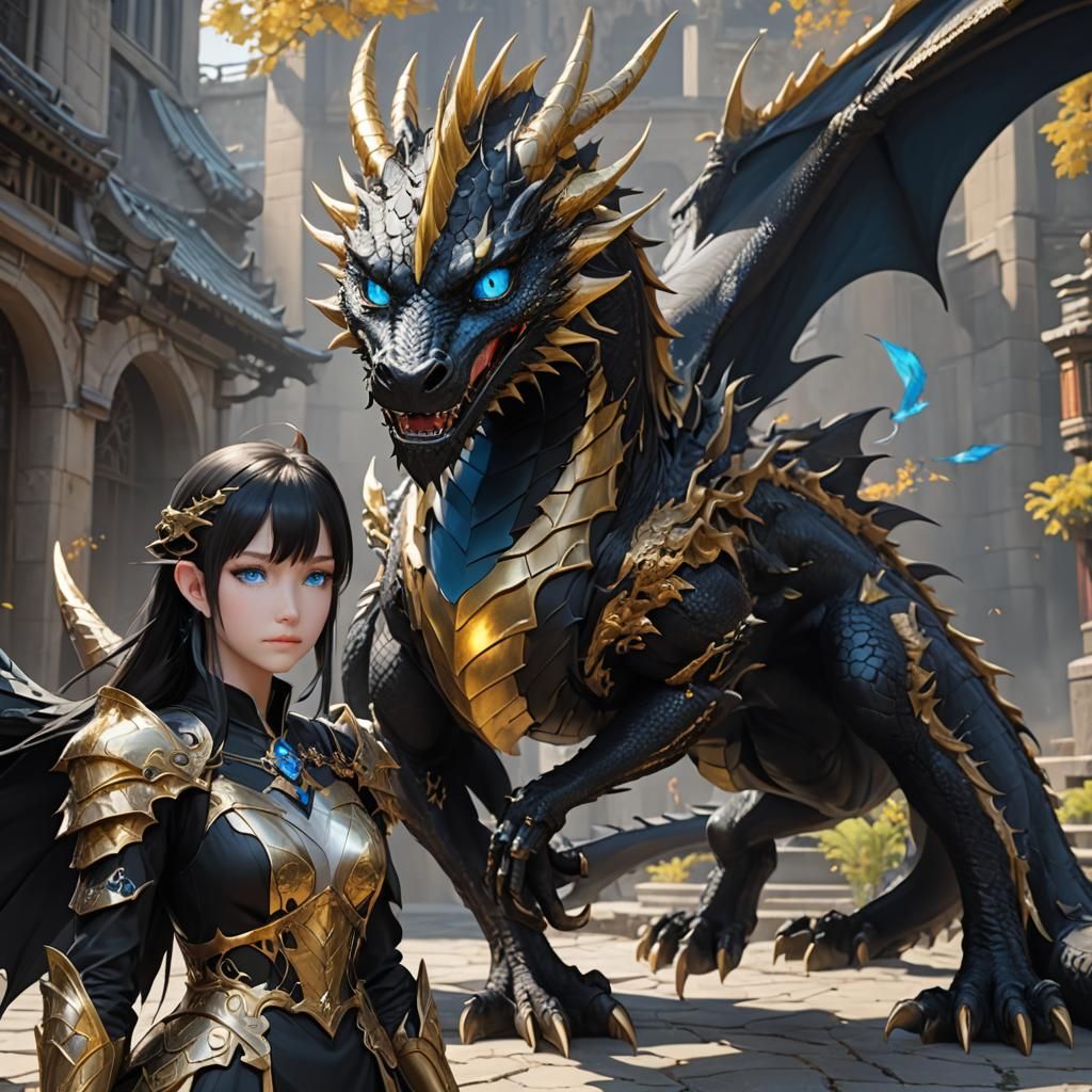 Black and Gold Dragon with Girl: 3D Anime Art